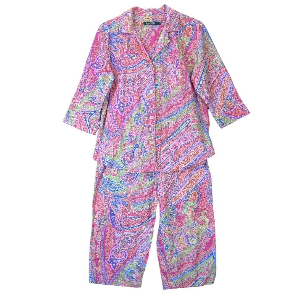 Lauren Ralph Lauren Colorful Paisley Cotton Pajama Set Size L Pink Crop Pant